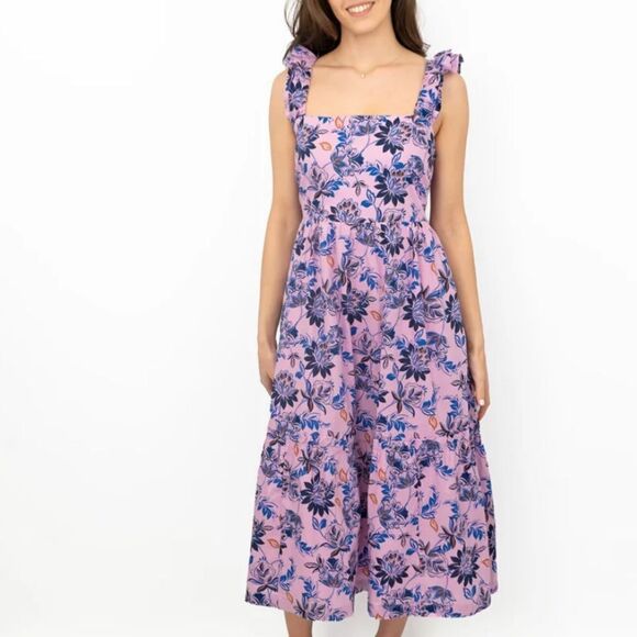 J. CREW WOMEN PINK FLORAL SLEEVELESS STRAP SUMMER SQUARE NECK LONG MIDI DRESS 14 - Picture 1 of 9